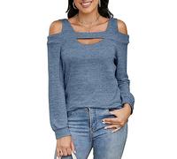 Heersan Camiseta Mujer Manga Larga Camisa Hombros Descubiertos Pullover Túnica Escote Cuadrado Top de Punto Otoño Nueva Llega