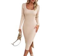 Heersan Vestidos De Punto Mujer Collar Cuadrado De Invierno Largo Abrir Un Tenedor Otoño Invierno Elegante, Ajustado, Elasticidad Vestido, Vestido Punto Mujer Invierno