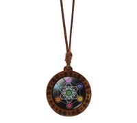 HEEZOU Elegante collar de madera con forma de cubo de metatrón, geometría sagrada, hexagrama y amuleto de Sri Yantra, cadena de cuello de longitud ajustable