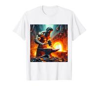 Hefesto Dios Griego del Fuego - Elaboración - Herrería Camiseta gráfica económica, Hombre, Blanco, S