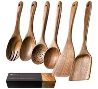 Hefild Cucharas de madera para cocinar, juego de utensilios de cocina antiadherentes con 6 espátulas de madera de acacia y cucharas para cocinar, excelente para tareas diarias de cocina