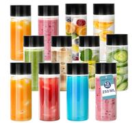 HEFTMAN Botellas de jugo de plástico con tapas, paquete de 12 botellas sensoriales vacías de 250 ml con tapas negras de rosca, botella de plástico transparente PET apta para alimentos para agua, café