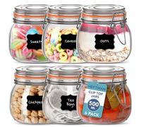 HEFTMAN Juego de 6 tarros de vidrio herméticos de 500 ml con tapas y sello de silicona para pasta, iniciador de masa madre, chutney, encurtido, organización de cocina, juego de tarros vacíos de