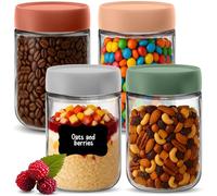 HEFTMAN Overnight Oats - Tarros de avena con tapas, paquete de 4 tarros de avena de 600 ml con tapas herméticas y coloridas, de vidrio, aptas para alimentos, con tapas para yogur, pudín de chía, 21