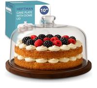 HEFTMAN Soporte para tartas con tapa de cúpula, soporte antideslizante de madera de acacia de 10 pulgadas con cúpula acrílica transparente