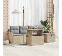 HEFZGDB Juego de 6 sofás de jardín con cojines beige de poliratán, sofá modular para exteriores con fundas resistentes a la intemperie y espacio de almacenamiento integrado para terraza y balcón