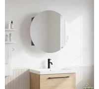 HEFZGDB Mueble de baño gris con espejo redondo e iluminación LED 40 x 40 x 17,5 cm - Montaje en pared con puerto USB, material de madera resistente a la humedad