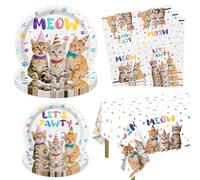Hegbolke 61 piezas de decoraciones de cumpleaños de gato, incluyendo platos, servilletas, mantel de gatito para decoración de fiesta de cumpleaños temática de gatos, fiesta de niña, servir 20, color