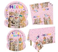 Hegbolke 61 piezas de decoraciones de cumpleaños de gato, incluyendo platos, servilletas, mantel de gatito para decoración de fiesta de cumpleaños temática de gatos, fiesta de niña, servir 20, rosa