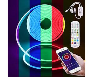 HEGEHE 5m Luz de Neón Flexible de 12 V Tira LED RGB Impermeable con Sincronización de Música de Controlador WiFi Remoto Regulable, APLICACIÓN Smart Life Trabaja con Alexa Google Assistant SmartThing