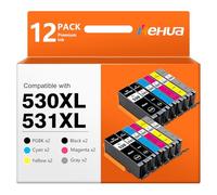 hehua 530 531 XXL TS8750 Cartuchos de Tinta Multipack Compatible para Canon PGI-530 CLI-531 Cartuchos Compatible para Canon PIXMA TS8750 TS8751 Cartuchos de Impresora PGI530 CLI531 (Paquete de 12)