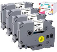 Hehua Cinta adhesiva adhesiva de 6 mm 0,23 extra fuerte blanca compatible con Brother TZe-S211 TZeS211 TZ-S211 TZS211 para Ptouch PT D210 D200 H110 H100, 1/4 x 20 pies negro sobre blanco, paquete de 4