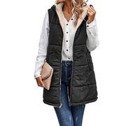 Hehuo Double-Faced Wool Zip-Up Jacket With Hood, Long Vest Fall Winter Warm Sleeveless Zip Up Hoodie Coat with Pockets (Black,L)
