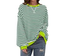 Hehuo Women Striped Color Block Oversized Sweatshirts Crew Neck Long Sleeve Shirt Pullover Top Casu (White Green,M)