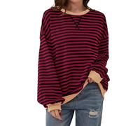 Hehuo Women Striped Color Block Oversized Sweatshirts Crew Neck Long Sleeve Shirt Pullover Top Casu (Black Red,XL)