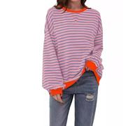 Hehuo Women Striped Color Block Oversized Sweatshirts Crew Neck Long Sleeve Shirt Pullover Top Casu (Pink,2XL)