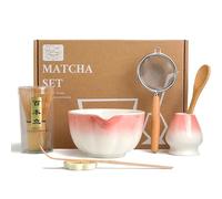 HEI MING Set Premium de Matcha de 7 Piezas - Juego Ceremonia Té con Batidor Bambú (Chasen), Cuenco Cerámica Rosa, Cuchara y Accesorios - Regalo Original