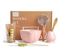 HEI MING Set Premium de Matcha de 7 Piezas - Juego Ceremonia Té con Batidor Bambú (Chasen), Cuenco Cerámica Rosa, Cuchara y Accesorios - Regalo Original