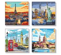 HEIBAGO 4 Piezas Enmarcadas Pintura por Números para Adultos, Arquitectura de Ciudad, Pintura por Números Sobre Lienzo para Principiantes, Pintura al Óleo por Números para Decoracion 20x20cm