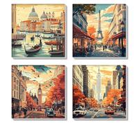 HEIBAGO Paquete de 4 pinturas enmarcadas por números para adultos, pintura por números sobre lienzo para principiantes, kits de pintura por números de torre Eiffel para adultos, pintura al óleo del