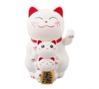 HEIBTENY Adornos de gato de la suerte que agita automáticamente con energía solar para una familia de tres, figura de Maneki Neko sin pilas con base roja para decoración del hogar, tienda, oficina