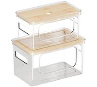 HEIBTENY Cajas de almacenamiento apilables, con tapas de madera, paquete de 2 contenedores organizadores de PET transparentes, con amplia apertura en forma de U, para cocina, escritorio, baño, sala de