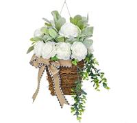 HEIBTENY Cesta colgante de corona de peonía artificial, decoración de puerta floral de primavera, para ventana de pared de porche delantero, resistente a la intemperie, guirnalda de flores falsas