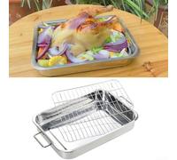 HEIBTENY Molde cuadrado de acero inoxidable con rejilla de control de aceite, asas de acero inoxidable, bandeja para asar profunda, bandeja para horno, parrilla para cocinar versátil (36 x 26 x 6 cm)