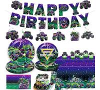Heidaman 100 piezas de decoración de cumpleaños de Monster Truck, decoraciones de fiesta de camión monstruo, incluye arco de globos, pancarta, decoración de pasteles, vajilla, mantel