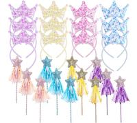 Heidouse 24 piezas de decoraciones de fiesta de cumpleaños de hadas, 12 varas de hadas de estrellas brillantes con cinta, 12 corona de princesa elástica brillante, tiara perfecta para niñas pequeñas