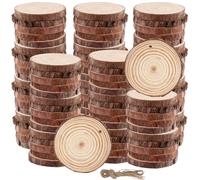 HEIHAK 100 rodajas de madera, círculos de madera natural de 5 a 6 cm, rodajas redondas de madera con 4 rollos de cordel de yute natural para decoración de manualidades, adornos de Navidad, decoración