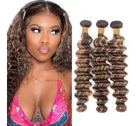 Heiowuio 24 26 28 Inch Brazilian Remy Hair Bundles Human Hair Extension P427 Highlight Blonde Deep Wave Unprocessed Cabello humano Tissage Brazilianne Real Human Hair 3 Bundles Total 300g