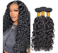 Heiowuio 26 28 30 Inch Brazilian Remy Hair Bundles Human Hair Extension 1b Natural Black Color Water Wave Unprocessed Cabello Humano Tissage Brazilianne Real Human Hair 3 Bundles Total 300G