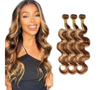 HeioWuio 30 32 34 pulgadas Cabello humano P4/27 Highlight Blonde Color Body Wave Double Weave Unprocessed Brazilian Remy Humano Hair Extension 100g/Bundle Total 300g