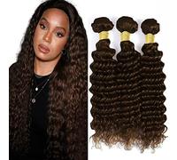 HeioWuio #4 paquetes de cabello humano de ondas profundas para mujer, cabello virgen sin procesar, color marrón oscuro, paquete de 40,6 cm, 40,52 cm, 40,6 cm