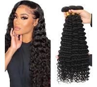 Heiowuio Brazilian Remy Hair Bundles Human Hair Extension 1b Natural Black Color Deep Wave Unprocessed El Cabello Humano Tissage Brazilianne Real Human Hair 3 Bundles Total 300G 24 26 28 Inch