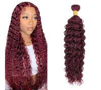 Heiowuio Brazilian Remy Hair Bundles Human Hair Extension #99j Burgundy Red Water Wave Unprocessed Cabello humano Tissage Brazilianne Real Human Hair 100g/Bundles 18 Pulgada