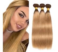 Heiowuio Brazilian Remy Hair Bundles Human Hair Extension T427 Ombre Blonde Straight Unprocessed Cabello humano Tissage Brazilianne Real Human Hair 3 Bundles Total 300g 18 20 22 Pulgada