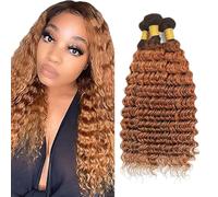 Heiowuio Brazilian Remy Hair Bundles Human Hair Extension T430 Ombre Brown Deep Wave Unprocessed Cabello humano Tissage Brazilianne Real Human Hair 3 Bundles Total 300g 20 22 24 Inch