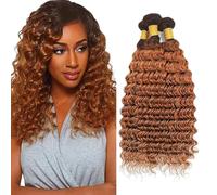 Heiowuio Brazilian Remy Hair Bundles Human Hair Extension T430 Ombre Brown Deep Wave Unprocessed Cabello humano Tissage Brazilianne Real Human Hair 3 Bundles Total 300g 18 20 22 Pulgada