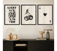 Heiple Juego de 3 pósteres enmarcados de póquer con texto en inglés Lucky You, decoración de pared con impresión retro de moda para reina de corazones, arte rústico vintage para decoración de pared
