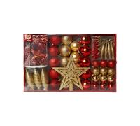 HEITMANN DECO Adornos para árbol de Navidad, 60 Piezas, Color Dorado y Rojo, Incluye Punta de árbol, Bolas, Cadena de Perlas, Guirnalda y Estrellas, plástico, 47,5 x 29,7 x 6,5 cm