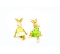 HEITMANN DECO - Conejos - Poliresina - Juego de 2 - sentados - Decoración de Pascua - Marrón/Verde/Amarillo - Aprox. 8 x 7,5 x 10 cm