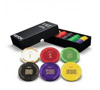 HEITOK Juego de fichas de póquer de arcilla de 100 piezas con denominaciones, fichas de casino numeradas compuestas de arcilla de 14 g con funda de aluminio para Texas Hold'em, Blackjack y juegos de