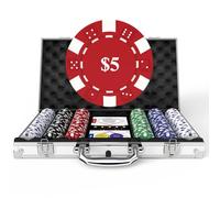 HEITOK Juego de póker fichas numeradas de 11.5g (300 Piezas), 5 Dados, 2 Barajas y Estuche de Aluminio Compacto. Ideal para Texas Hold'em, Blackjack y más. Recomendado para Mayores de 8 años