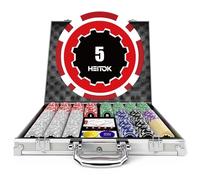 HEITOK Juego de póquer, 500 fichas de 11,5 Gramos con denominaciones, Juego de fichas numeradas de Casino con Funda de Aluminio Que Incluye 2 Barajas de Cartas de Juego, Botones de Distribuidor y 2