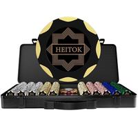 HEITOK Maletín de Póker 500 Fichas 14g Arcilla Numeradas Set Profesional con Estuche de Aluminio Reforzado Barajas Dados y Botones Dealer para Texas Holdem Blackjack Noche de Casino Adultos