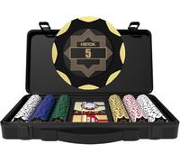 HEITOK Set de Póker Profesional 300 Fichas de Arcilla 14g Numeradas - Maletín Policarbonato Premium, Botón Dealer Metálico para Texas Holdem Blackjack