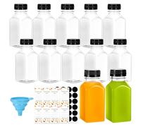 Hejo 12 Piezas Botellas de Jugo, 250 ML Botellas de Plástico Reutilizables con Tapa, Botella de Chupito Transparentes, Botella Vacías con Etiquetas para Jugo Salsa Leche (Tapa Negra)