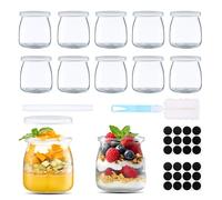 Hejo 12 Piezas Vasos Yogurtera con Tapa, 200ml/7oz Tarros de Yogur con Tapa Reutilizables, Frascos de Vidrio Pequeños, Tarros de Cristal Transparente Portátiles para Yogur Avena Mermelada de Especias